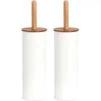 Zeller 2x Stuks WC/Toiletborstel in houder metaal/bamboe hout - wit - 38 x 10 cm - Toiletborstels
