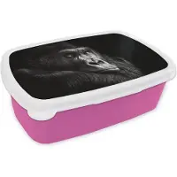 MuchoWow Broodtrommel Roze - Lunchbox - Brooddoos - Gorilla - Aap - Zwart - Wit - Portret - 18x12x6 cm - Kinderen - Meisje