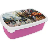 MuchoWow Broodtrommel Roze - Lunchbox - Brooddoos - Schilderij - Stad - Olieverf - 18x12x6 cm - Kinderen - Meisje