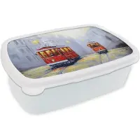 MuchoWow Broodtrommel Wit - Lunchbox - Brooddoos - Schilderij - Tram - Stad - Olieverf - 18x12x6 cm - Volwassenen