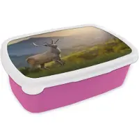 MuchoWow Broodtrommel Roze - Lunchbox - Brooddoos - Hert - Berg - Gras - Zonsondergang - Dieren - Natuur - 18x12x6 cm - Kinderen - Meisje