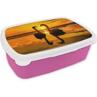 MuchoWow Broodtrommel Roze - Lunchbox - Brooddoos - Zwanen - Zonsondergang - vogel - Oranje - Water - 18x12x6 cm - Kinderen - Meisje