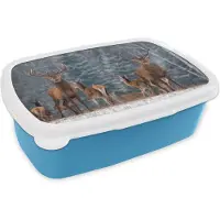 MuchoWow Broodtrommel Blauw - Lunchbox - Brooddoos - Hert - Winter - Sneeuw - Bosdieren - Bos - Natuur - 18x12x6 cm - Kinderen - Jongen