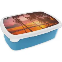 MuchoWow Broodtrommel Blauw - Lunchbox - Brooddoos - Zee - Palmboom - Zonsondergang - Strand - Silhouette - 18x12x6 cm - Kinderen - Jongen