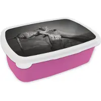 MuchoWow Broodtrommel Roze - Lunchbox - Brooddoos - Panter - Boom - Dieren - Zwart - Wit - 18x12x6 cm - Kinderen - Meisje