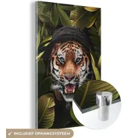 MuchoWow Glasschilderij 80x120 cm - Schilderij acrylglas - Tijger - Bladeren - Planten - Foto op glas - Schilderijen