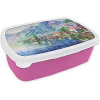 MuchoWow Broodtrommel Roze - Lunchbox - Brooddoos - Schilderij - Architectuur - Water - Bergen - Olieverf - 18x12x6 cm - Kinderen - Meisje