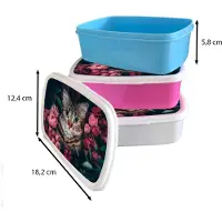 MuchoWow Broodtrommel Roze - Lunchbox - Brooddoos - Kat - Bloemen - Bladeren - Botanisch - 18x12x6 cm - Kinderen - Meisje