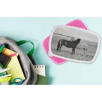 MuchoWow Broodtrommel Roze - Lunchbox - Brooddoos - Paarden - Dieren - Portret - Zwart wit - Platteland - 18x12x6 cm - Kinderen - Meisje