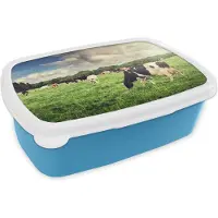 MuchoWow Broodtrommel Blauw - Lunchbox - Brooddoos - Koeien - Weiland - Natuur - Dieren - Landschap - 18x12x6 cm - Kinderen - Jongen