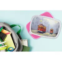 MuchoWow Broodtrommel Roze - Lunchbox - Brooddoos - Schilderij - Tram - Stad - Olieverf - 18x12x6 cm - Kinderen - Meisje