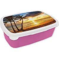 MuchoWow Broodtrommel Roze - Lunchbox - Brooddoos - Strand - Horizon - Zonsondergang - Palmboom - Zee - 18x12x6 cm - Kinderen - Meisje