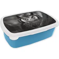MuchoWow Broodtrommel Blauw - Lunchbox - Brooddoos - Vogel - Uil - Portret- Zwart - Wit - 18x12x6 cm - Kinderen - Jongen