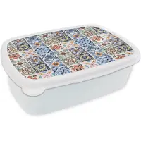 MuchoWow Broodtrommel Wit - Lunchbox - Brooddoos - Design - Bloemen - Oranje - Blauw - Abstract - 18x12x6 cm - Volwassenen