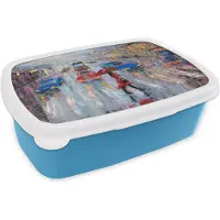 MuchoWow Broodtrommel Blauw - Lunchbox - Brooddoos - Schilderij - Olieverf - Auto - Zebrapad - 18x12x6 cm - Kinderen - Jongen