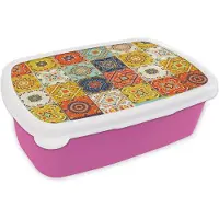 MuchoWow Broodtrommel Roze - Lunchbox - Brooddoos - Vintage - Bloemen - Patroon - Wit - Oranje - 18x12x6 cm - Kinderen - Meisje