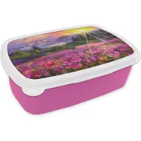 MuchoWow Broodtrommel Roze - Lunchbox - Brooddoos - Schilderij - Olieverf - Bloemen - Natuur - Zon - 18x12x6 cm - Kinderen - Meisje