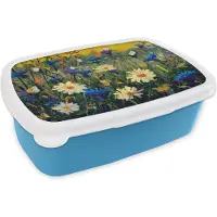 MuchoWow Broodtrommel Blauw - Lunchbox - Brooddoos - Schilderij - Olieverf - Natuur - Bloemen - 18x12x6 cm - Kinderen - Jongen