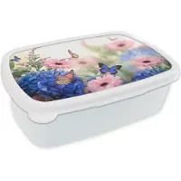 MuchoWow Broodtrommel Wit - Lunchbox - Brooddoos - Vlinders - Bloemen - Hortensia - Insecten - 18x12x6 cm - Volwassenen
