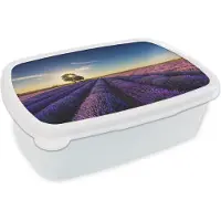 MuchoWow Broodtrommel Wit - Lunchbox - Brooddoos - Lavendel - Zon - Boom - Bloemen - Paars - 18x12x6 cm - Volwassenen