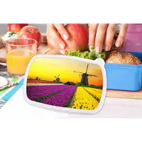 MuchoWow Broodtrommel Blauw - Lunchbox - Brooddoos - Windmolen - Tulpen - Bloemen - Lente - 18x12x6 cm - Kinderen - Jongen