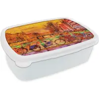 MuchoWow Broodtrommel Wit - Lunchbox - Brooddoos - Schilderij - Fiets - Amsterdam - Gracht - Olieverf - 18x12x6 cm - Volwassenen