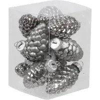 Othmar decorations 12x stuks glazen dennenappels kersthangers titanium grijs 6 cm mat/glans - Kersthangers