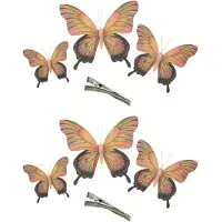 Othmar decorations 6x stuks decoratie vlinders op clip - geel/roze - 3 formaten - 12/16/20 cm - Hobbydecoratieobject