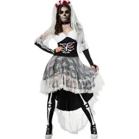Dressforfun Enge Skelet Bruid Kostuum Dames – Voorzien Van Kanten Opstaande Kraag En Gevoerde Cups En Sluiersluier – Voor Halloween En Carnaval – Zwart En Wit Polyester – Maat S