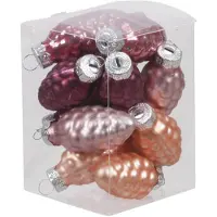 Othmar decorations 12x stuks glazen dennenappels kersthangers rood/roze/paars (hibiscus) 6 cm mat/glans - Kersthangers