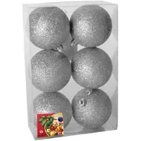 Gerimport 6x stuks kerstballen zilver glitters kunststof 8 cm - Kerstbal