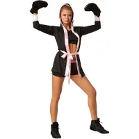 Dressforfun Vrouwenkostuum bokser zwart / roze M - verkleedkleding kostuum halloween verkleden feestkleding carnavalskleding carnaval feestkledij partykleding - 301825