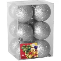 Gerimport Kerstballen - 12x stuks - zilver - kunststof - glitters - D6 cm - Kerstbal