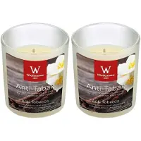 Trend Candles 2x Zoete vanille geurkaarsen tegen rooklucht/anti tabak in glazen houder 25 branduren - geurkaarsen