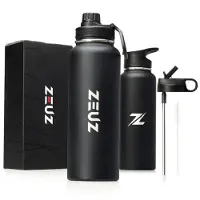 ZEUZ Premium RVS Thermosfles & Drinkfles – Waterfles met Rietje – Isoleerfles– 1200 ml/ 1, 2 Liter- Mat Zwart