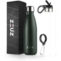 ZEUZ Premium RVS Thermosfles & Drinkfles - Isoleerfles – Waterfles met Rietje - BPA Vrij – 500 ml - Mat Groen