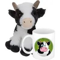 Nature Planet Cadeauset kind - Koeien knuffel 19 cm en Drinkbeker/mok Koe 300 ml - Knuffel boederijdieren