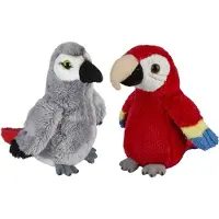 Ravensden Papegaaien serie pluche knuffels 2x stuks -Rode en Grijze van 15 cm - Vogel knuffels
