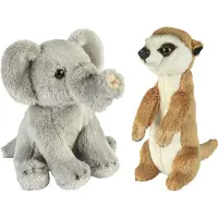 Ravensden Safari dieren serie pluche knuffels 2x stuks - Olifant en Stokstaartje van 15 cm - Knuffeldier