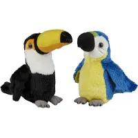 Ravensden Tropische vogels pluche knuffels 2x stuks - Blauwe Macaw Papegaai en Toekan van 15 cm - Vogel knuffels