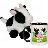 Ravensden Cadeau set kind - Koeien knuffel 15 cm en Drinkbeker/mok Koe 300 ml - Knuffel boederijdieren