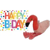 Nature Planet Pluche knuffel flamingo 32 cm met A5-size Happy Birthday wenskaart - Vogel knuffels