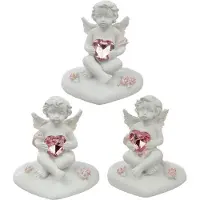 Puckator set van 3 Cherubijntjes met glinsterend roze hart in de handjes zittend op een wit hart met enkele roze roosjes : Peace of Heaven Heart of The Rose 5x4.5x3.5cm