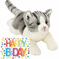 Nature Planet Pluche knuffel grijs/witte kat/poes 33 met A5-size Happy Birthday wenskaart - Knuffel huisdieren
