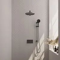 Brauer Gunmetal Carving thermostatische inbouw regendouche met 3 standen handdouche, rechte muurarm, glijstang en hoofddouche 30cm set 68 gunmetal geborsteld PVD