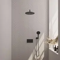 Brauer Black Edition thermostatische inbouw regendouche met 3 standen handdouche, gebogen muurarm en hoofddouche 30cm set 58 zwart mat
