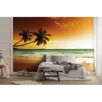 Consalnet Vliesbehang - Fotobehang - Strand - Zee - Palmboom - Golven - Zon - Zand - 104x152 cm (Hoogte x Lengte)