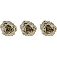 COSY&TRENDY 4x stuks decoratie bloemen roos champagne glitter op clip 18 cm - Decoratiebloemen/kerstboomversiering