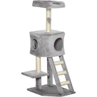 PawHut Paws Krabpaal kattenboom met kattengrot trap zacht kussen E1 MDF sisal lichtgrijs