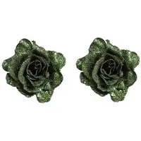 Cosy & Trendy 2x Groene decoratie roos glitters op clip 10 cm - Kersthangers